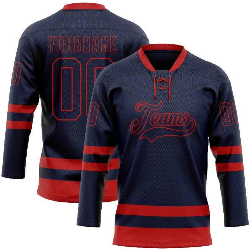 Personalized hockey jersey for professional fans-Custom Navy Red Hockey Lace Neck Jersey