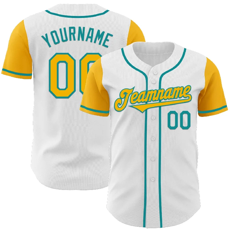 Team baseball jersey with embroidered logos and numbers-Custom White Gold-Teal Authentic Two Tone Baseball Jersey