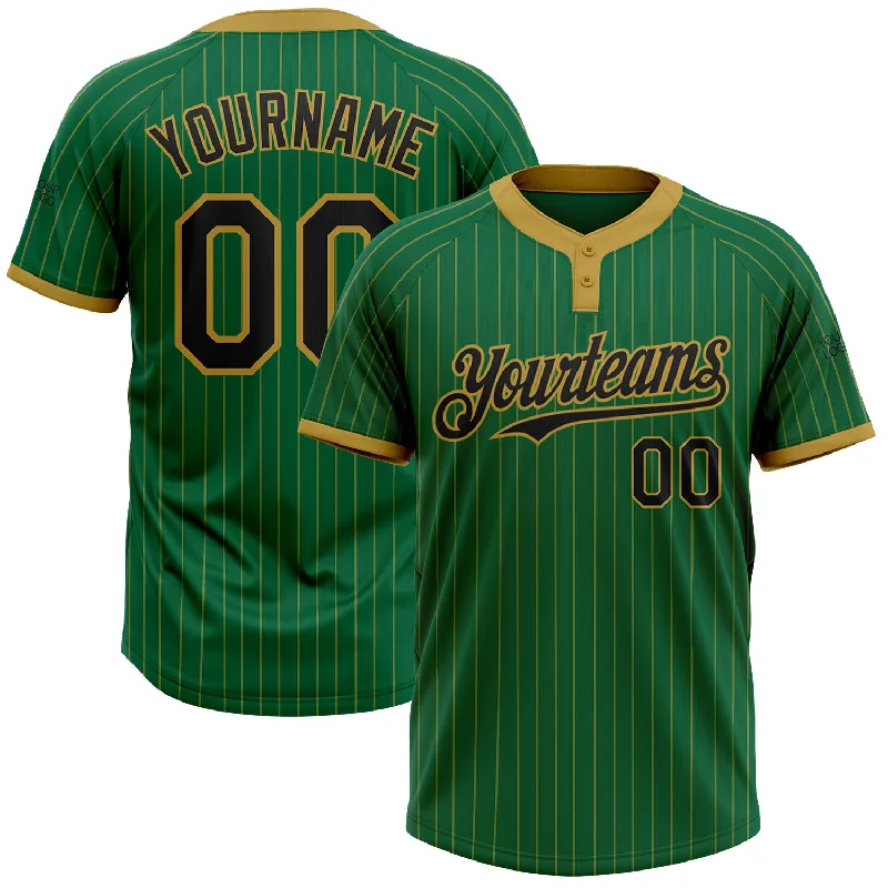 Softball jersey with player’s initials on the chest-Custom Kelly Green Old Gold Pinstripe Black Two-Button Unisex Softball Jersey