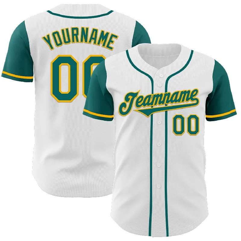 Team baseball jersey for high school teams-Custom White Teal-Gold Authentic Two Tone Baseball Jersey