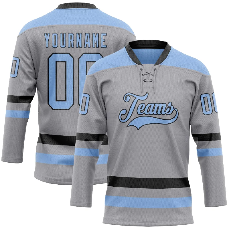 Custom hockey jersey with high-tech moisture control-Custom Gray Light Blue-Black Hockey Lace Neck Jersey