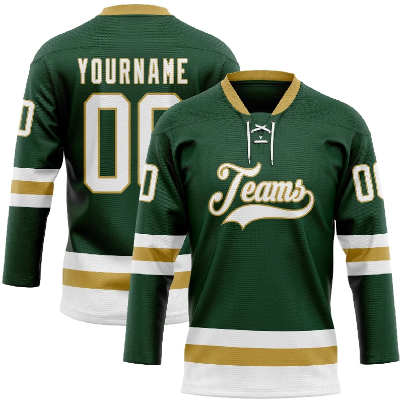 Personalized hockey jersey with custom design-Custom Green White-Old Gold Hockey Lace Neck Jersey