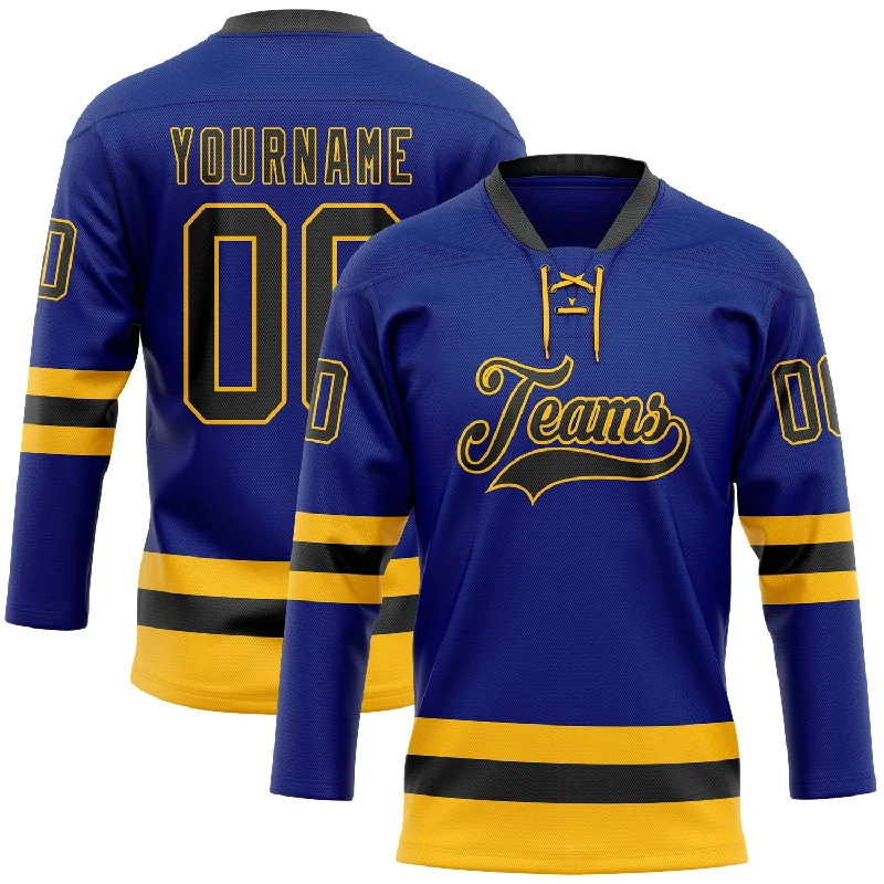 Hockey jersey with stylish and trendy designs for fans-Custom Royal Black-Gold Hockey Lace Neck Jersey