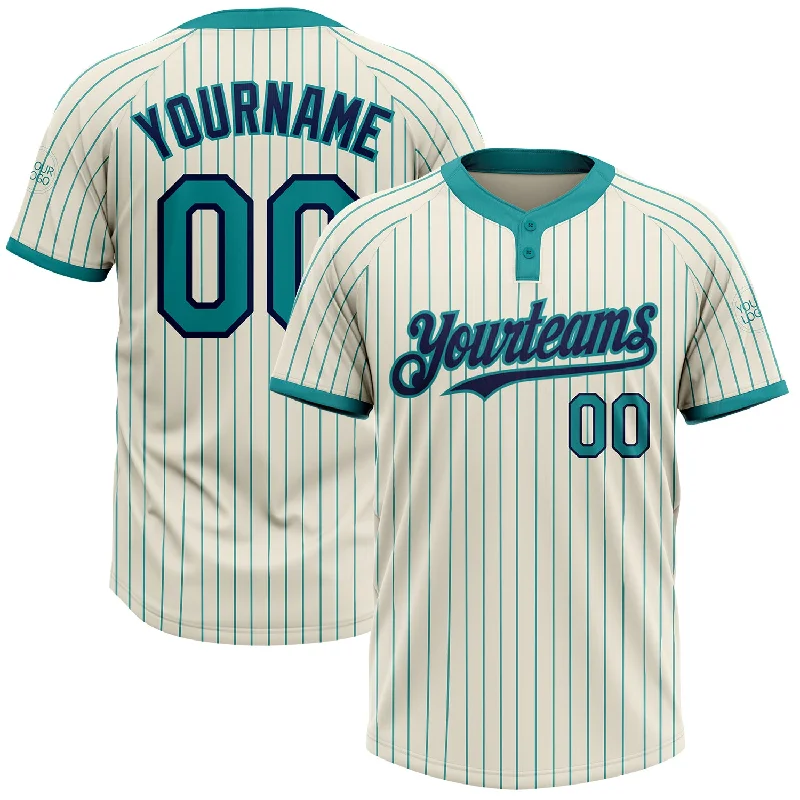 Personalized softball jersey for corporate events-Custom Cream Teal Pinstripe Navy Two-Button Unisex Softball Jersey