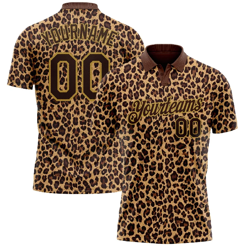 Breathable golf polo shirt with cool-to-the-touch fabric-Custom Brown Old Gold 3D Pattern Design Leopard Print Performance Golf Polo Shirt