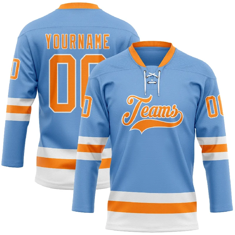 Hockey jersey with comfortable fabric for long periods of wear-Custom Light Blue Bay Orange-White Hockey Lace Neck Jersey