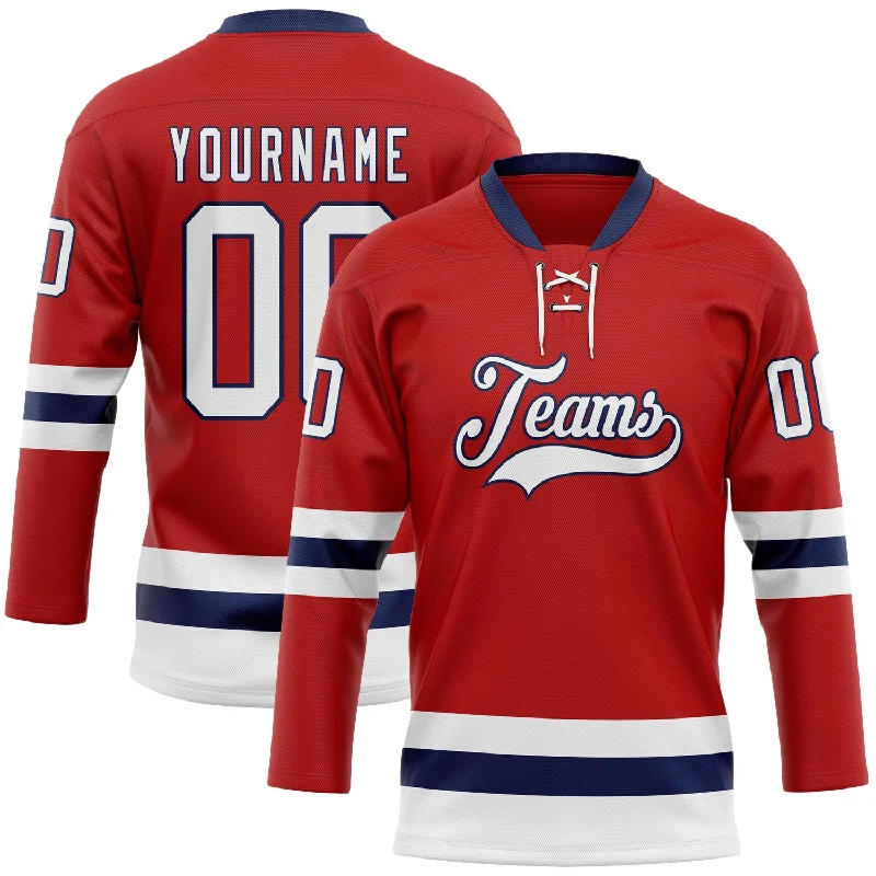 Personalized hockey jersey for promotional giveaways-Custom Red White-Navy Hockey Lace Neck Jersey