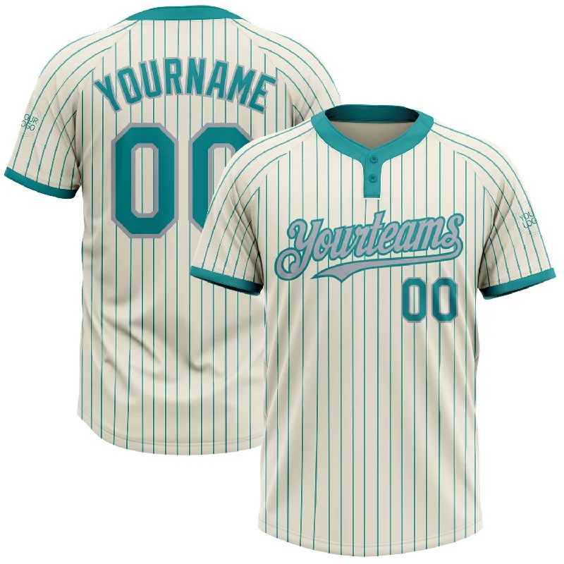 Softball jersey with player’s name and number on the back-Custom Cream Teal Pinstripe Gray Two-Button Unisex Softball Jersey