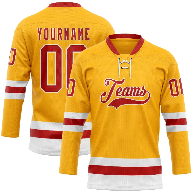 Custom hockey jersey for high-performance on the ice-Custom Gold Red-White Hockey Lace Neck Jersey