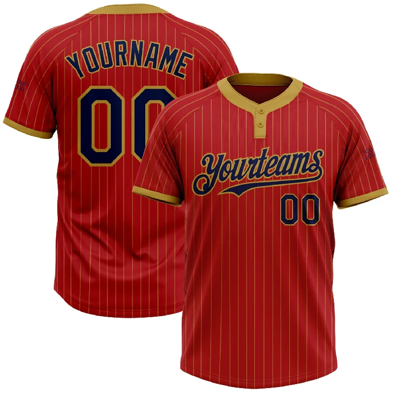 Softball jersey with modern accents for style and comfort-Custom Red Old Gold Pinstripe Navy Two-Button Unisex Softball Jersey