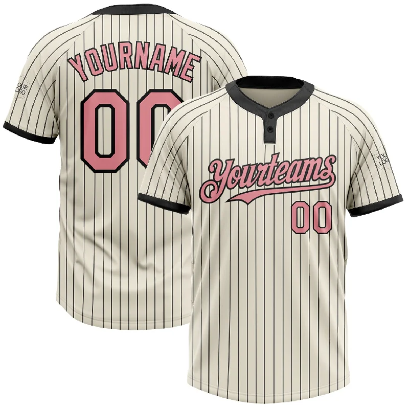 Custom softball jersey for fundraising events-Custom Cream Black Pinstripe Medium Pink Two-Button Unisex Softball Jersey