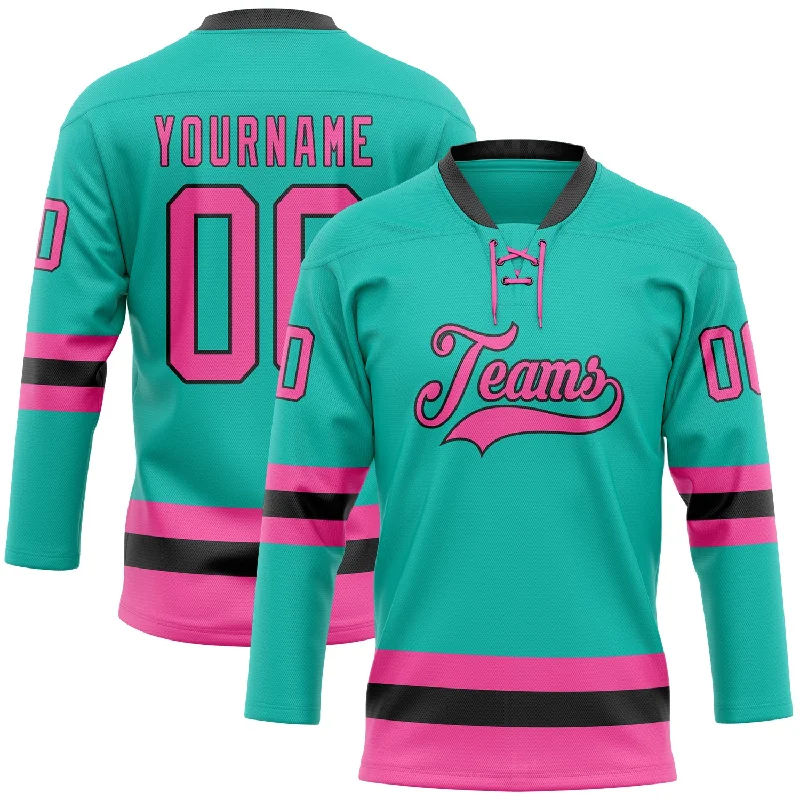 Personalized hockey jersey for professional fans-Custom Aqua Pink-Black Hockey Lace Neck Jersey