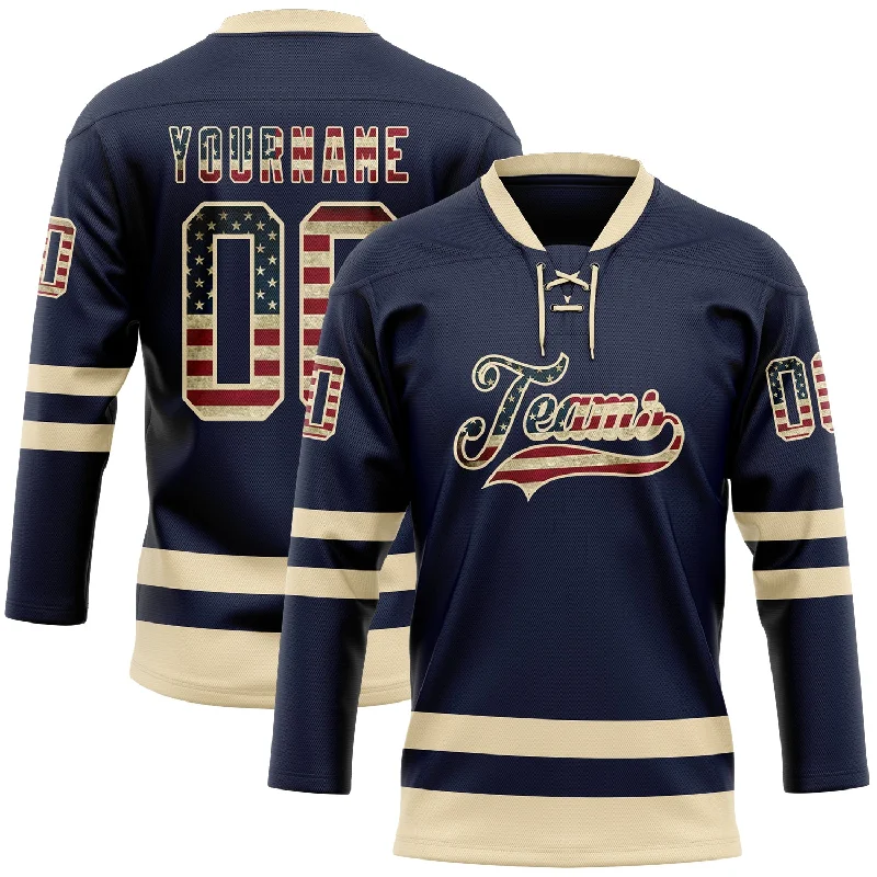 Custom hockey jersey with sleek design-Custom Navy Vintage USA Flag-Cream Hockey Lace Neck Jersey