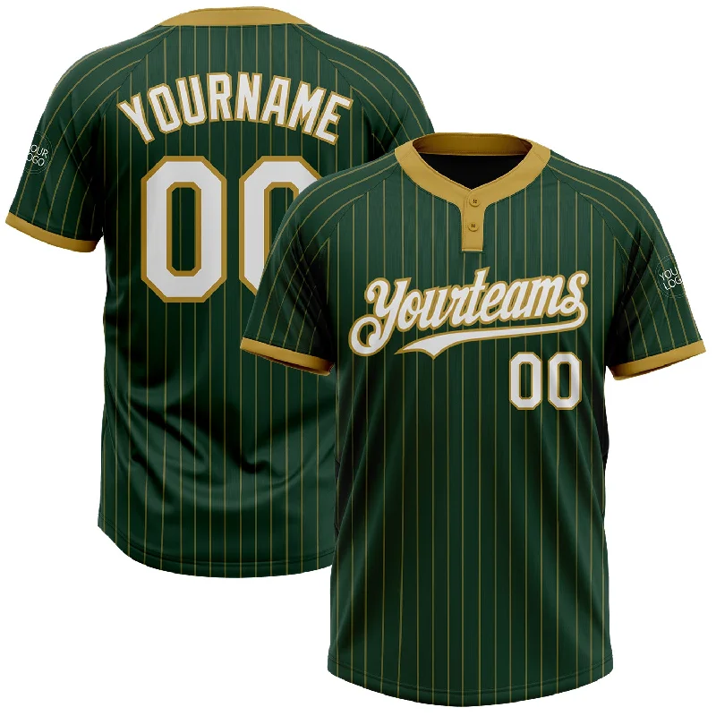 Softball jersey with functional pockets for convenience-Custom Green Old Gold Pinstripe White Two-Button Unisex Softball Jersey