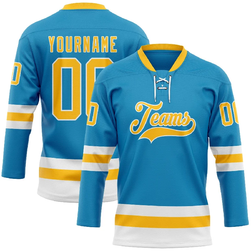 Hockey jersey with vibrant color blocking-Custom Panther Blue Gold-White Hockey Lace Neck Jersey