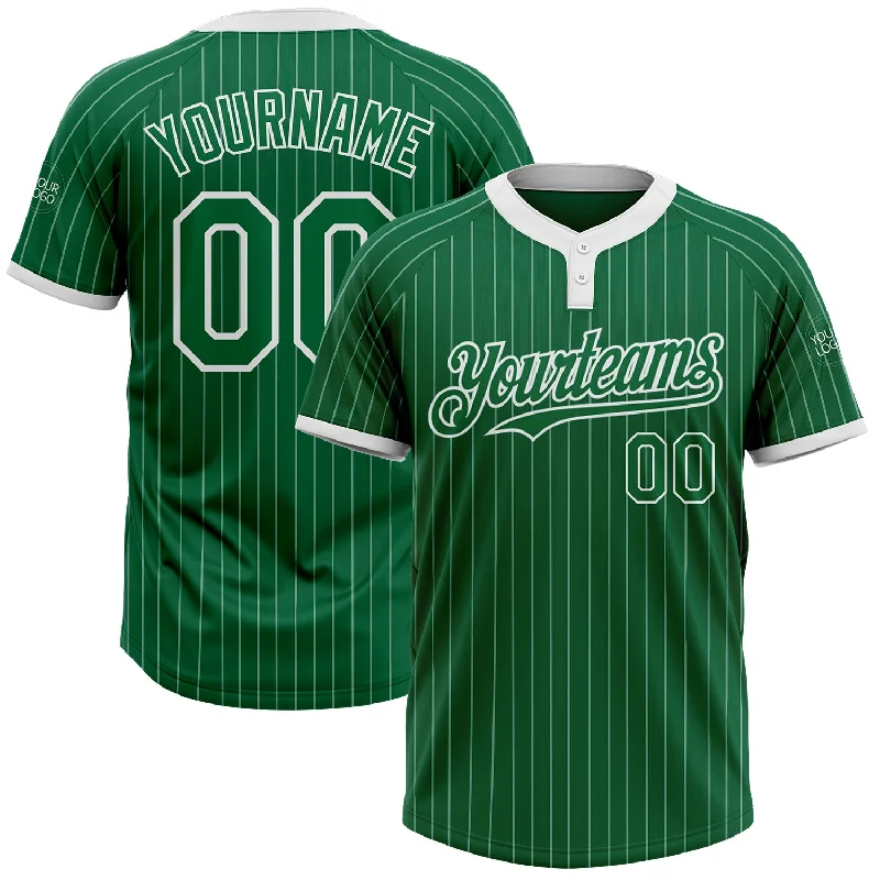 Custom softball jersey with contrast color blocking-Custom Kelly Green White Pinstripe White Two-Button Unisex Softball Jersey