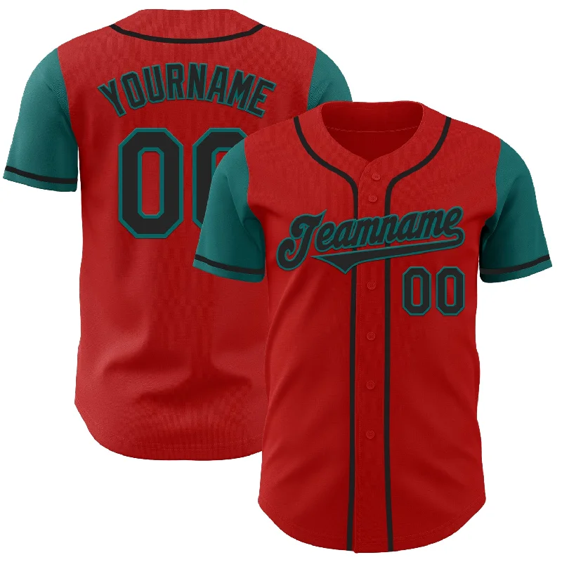 Custom baseball jersey with easy care and durability-Custom Red Black-Teal Authentic Two Tone Baseball Jersey