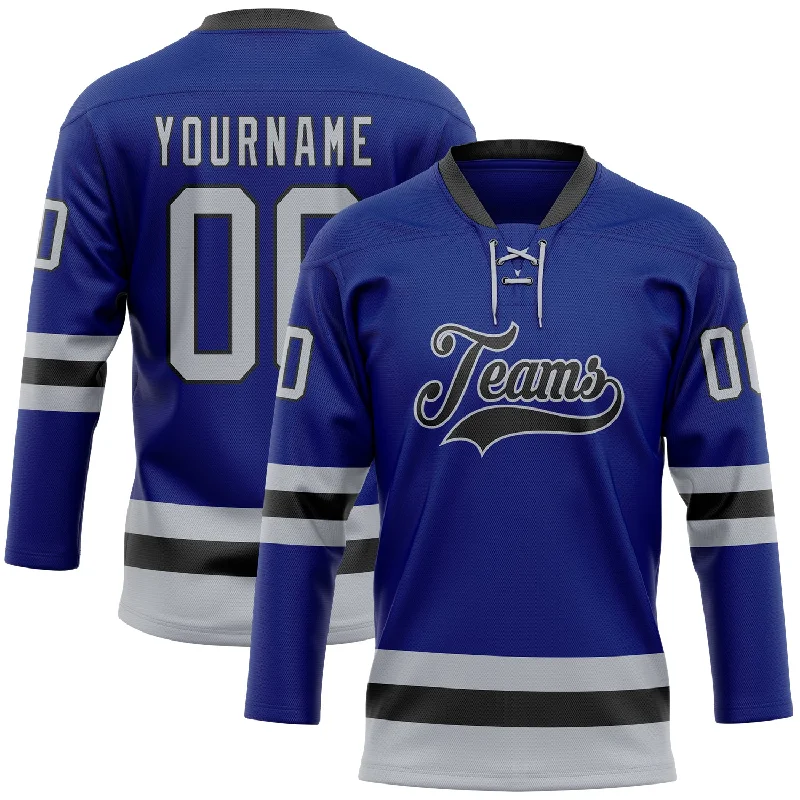 Hockey jersey with ergonomic cut for better movement-Custom Royal Gray-Black Hockey Lace Neck Jersey