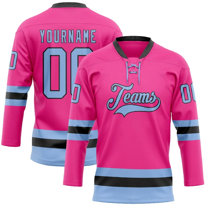 Personalized hockey jersey for promotional giveaways-Custom Pink Light Blue-Black Hockey Lace Neck Jersey