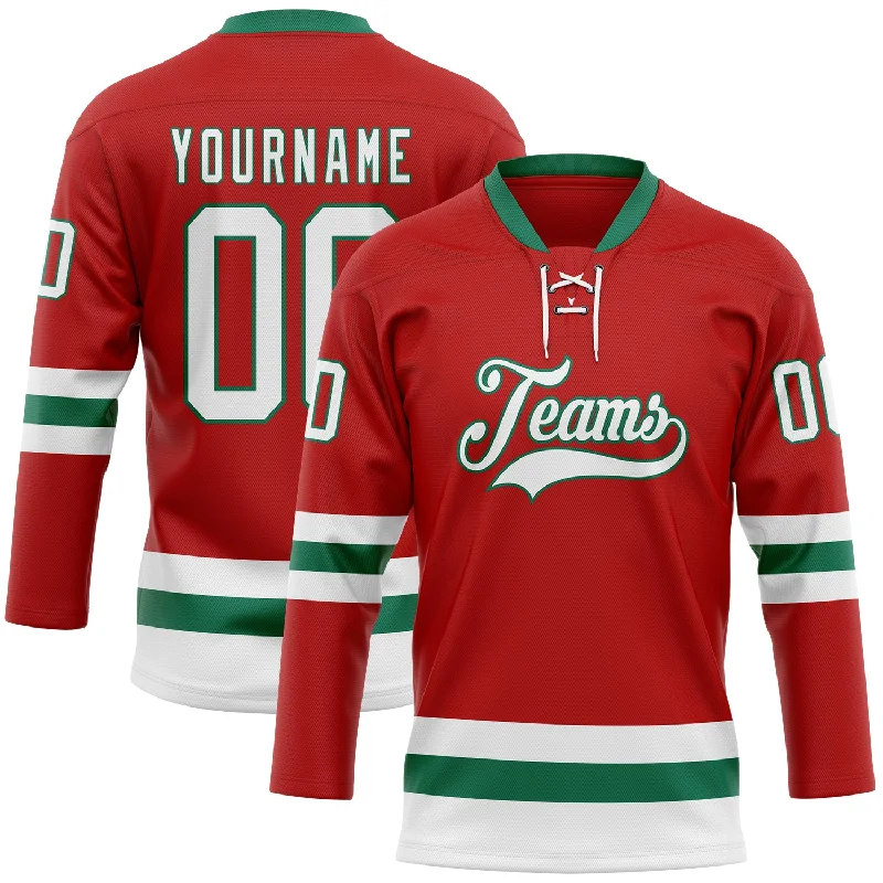 Personalized hockey jersey for retro collectors-Custom Red White-Kelly Green Hockey Lace Neck Jersey