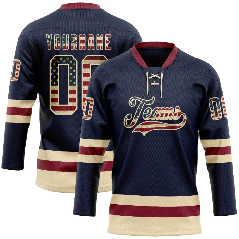 Personalized hockey jersey with player name and number-Custom Navy Vintage USA Flag Cream-Crimson Hockey Lace Neck Jersey