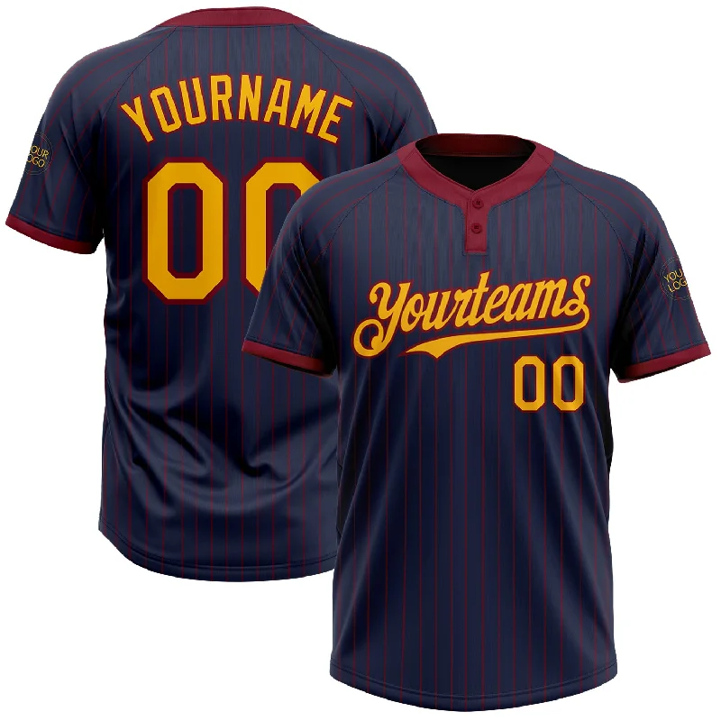 Custom softball jersey with vibrant colors and patterns-Custom Navy Crimson Pinstripe Gold Two-Button Unisex Softball Jersey