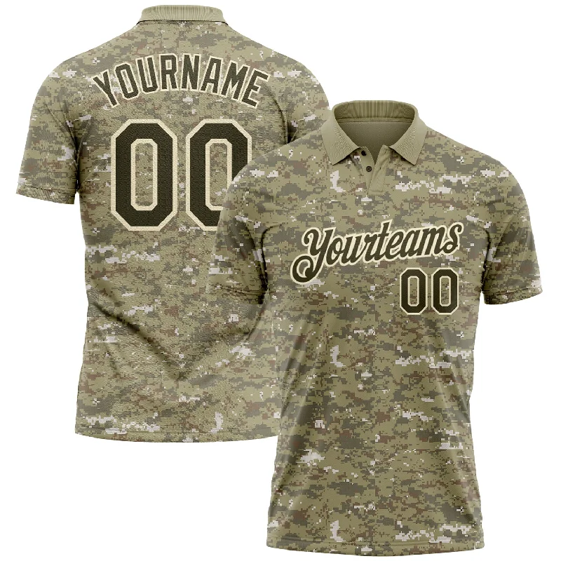 Custom golf polo shirt for golf enthusiasts-Custom Camo Olive-Cream Performance Salute To Service Golf Polo Shirt