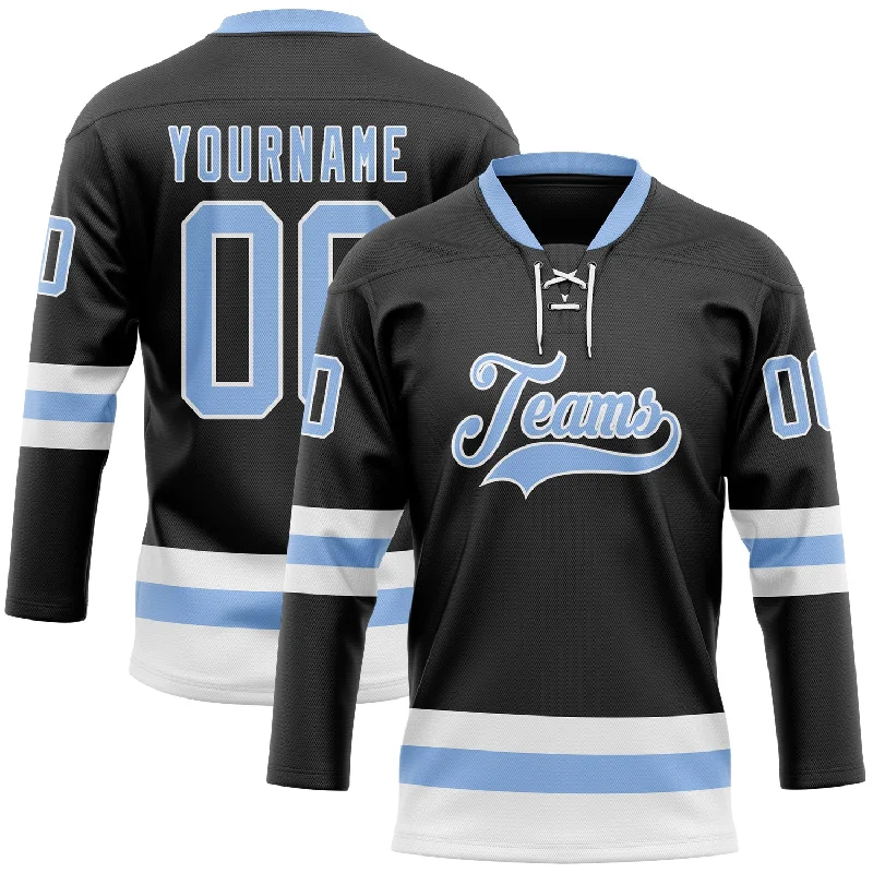 Personalized hockey jersey with a professional finish-Custom Black Light Blue-White Hockey Lace Neck Jersey