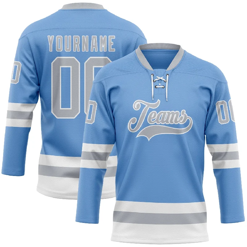 Custom hockey jersey with customizable options-Custom Light Blue Gray-White Hockey Lace Neck Jersey