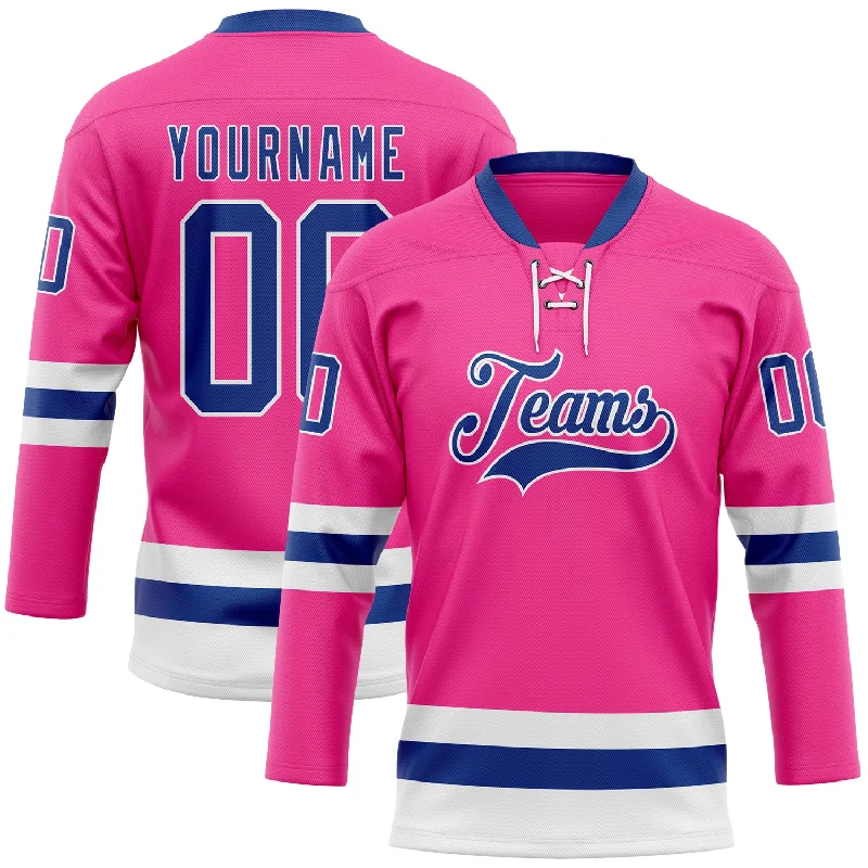 Custom hockey jersey with detailed stitching and logos-Custom Pink Royal-White Hockey Lace Neck Jersey