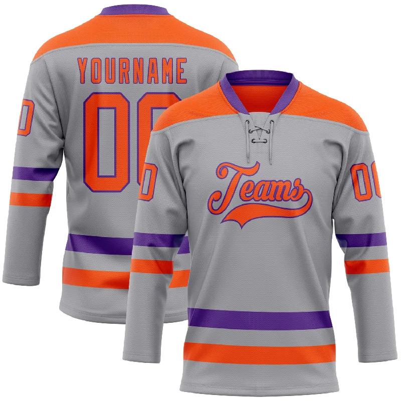 Personalized hockey jersey for fan merchandise-Custom Gray Orange-Purple Hockey Lace Neck Jersey