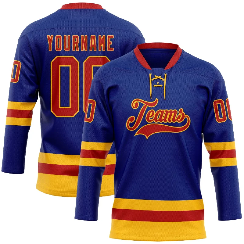 Custom hockey jersey with easy-to-apply team graphics-Custom Royal Red-Gold Hockey Lace Neck Jersey