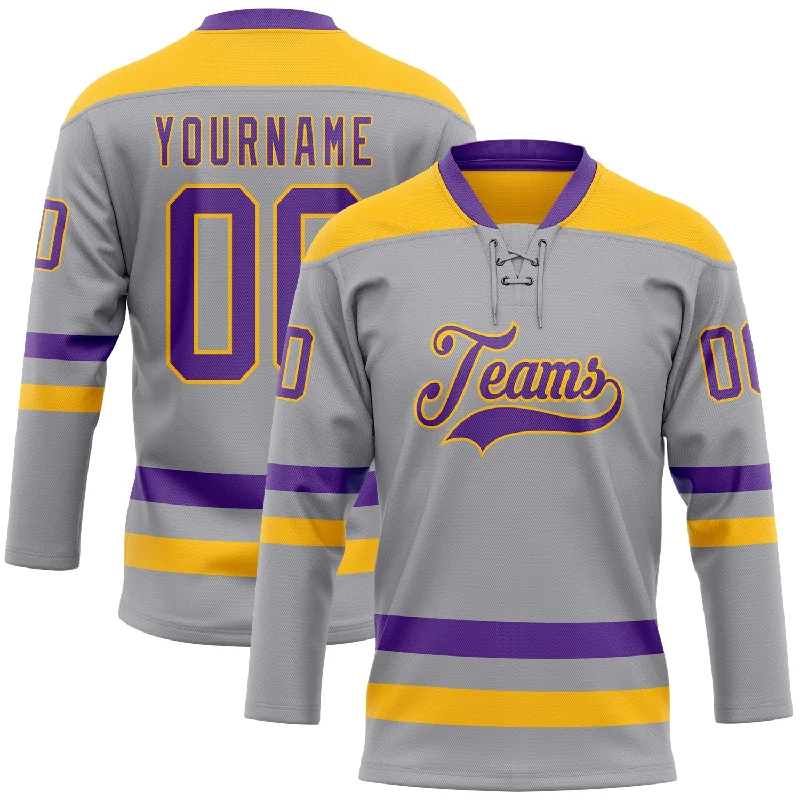 Custom hockey jersey with retro design elements-Custom Gray Purple-Gold Hockey Lace Neck Jersey