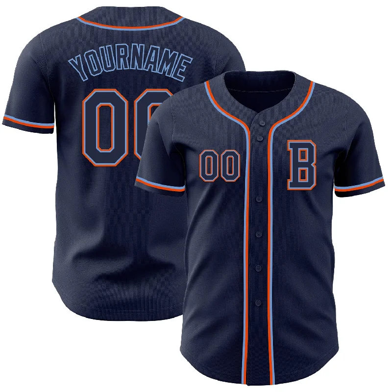 Personalized baseball jersey with cool, custom graphics-Custom Navy Powder Blue-Orange Authentic Baseball Jersey