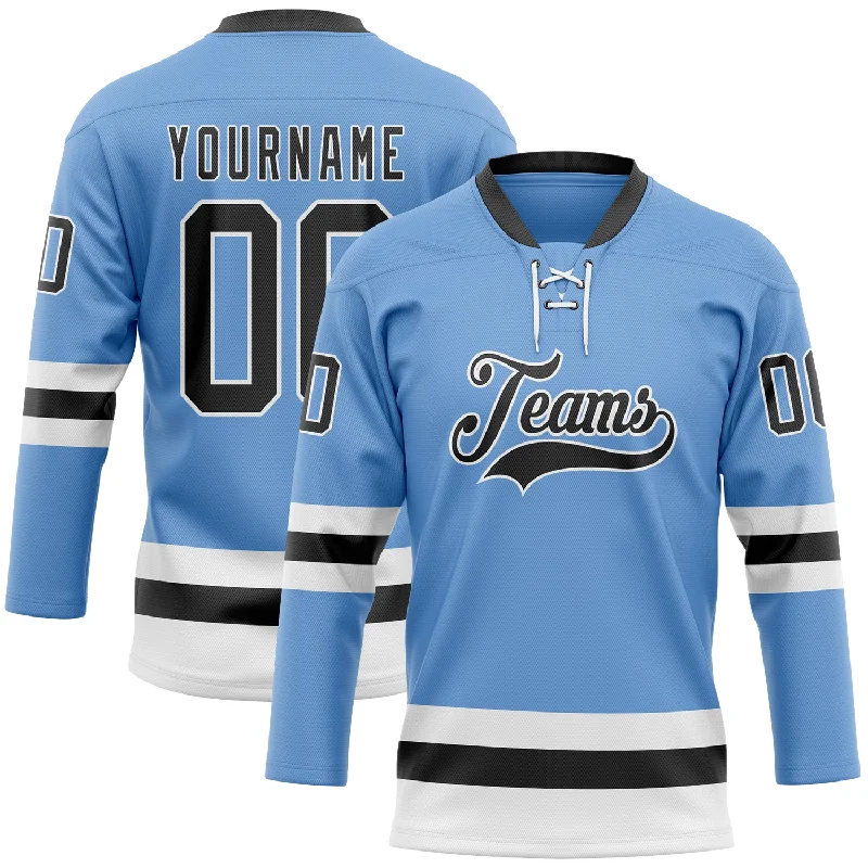 Personalized hockey jersey for community leagues-Custom Light Blue Black-White Hockey Lace Neck Jersey