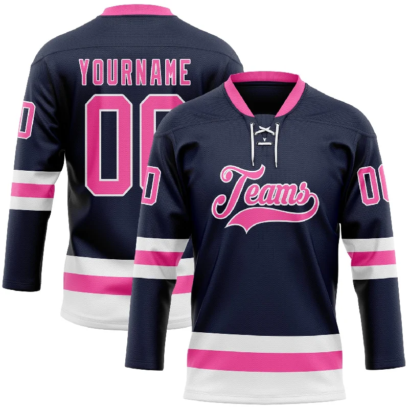 Custom hockey jersey for adult leagues-Custom Navy Pink-White Hockey Lace Neck Jersey