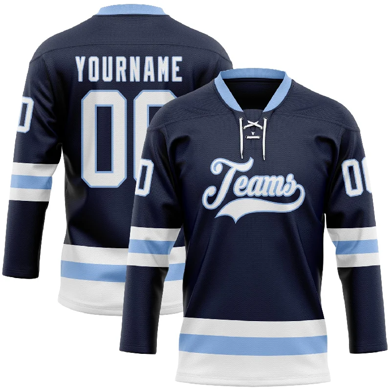 Custom hockey jersey for junior leagues-Custom Navy White-Light Blue Hockey Lace Neck Jersey