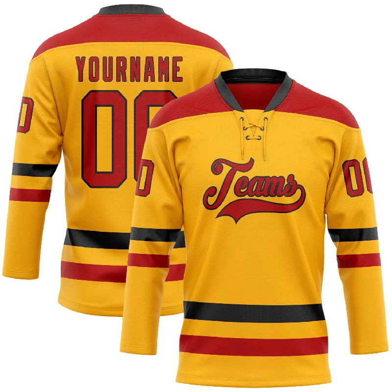 Hockey jersey with vibrant color blocking-Custom Gold Red-Black Hockey Lace Neck Jersey