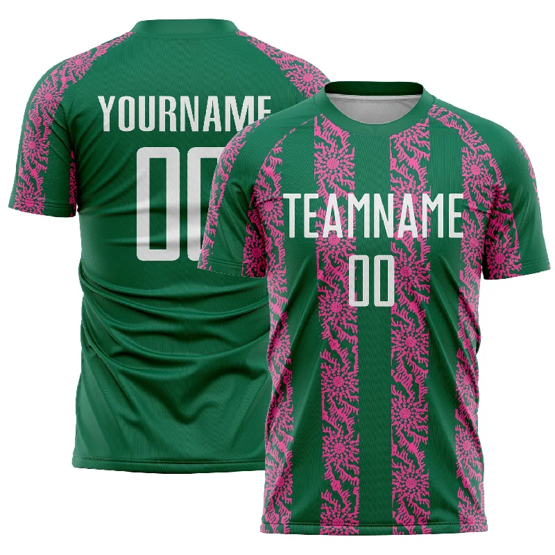 Soccer jersey with player names and numbers-Custom Kelly Green White-Pink Abstract Shape Sublimation Soccer Uniform Jersey