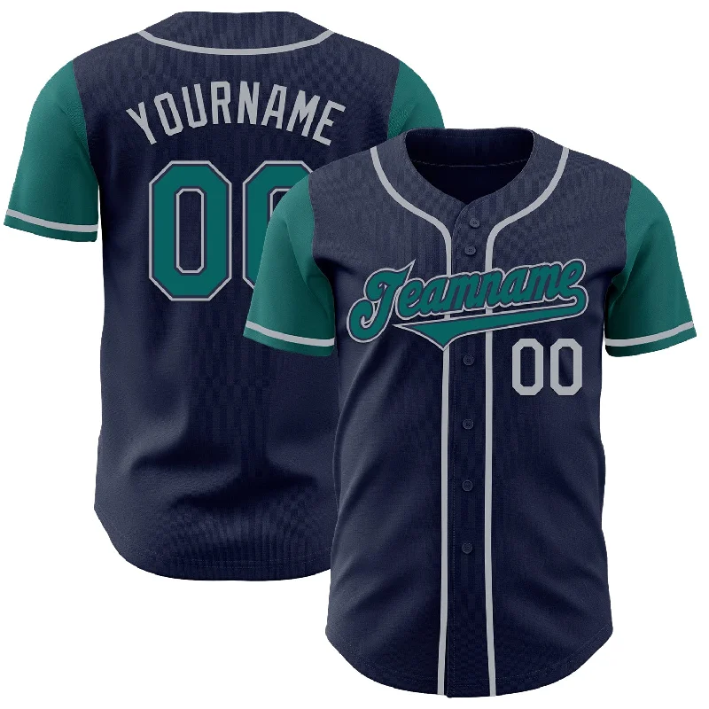 Unique baseball jersey with special designs-Custom Navy Teal-Gray Authentic Two Tone Baseball Jersey