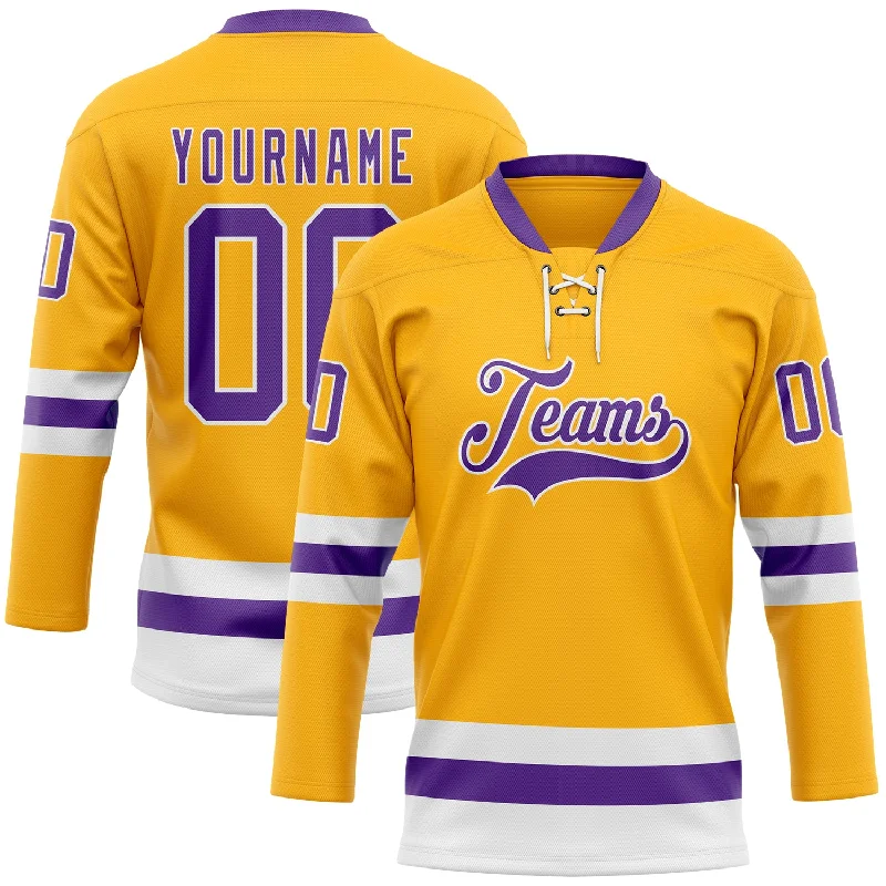 Personalized hockey jersey for kids’ leagues-Custom Gold Purple-White Hockey Lace Neck Jersey