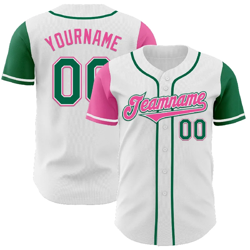 Baseball jersey with breathable material for comfort-Custom White Kelly Green-Pink Authentic Two Tone Baseball Jersey