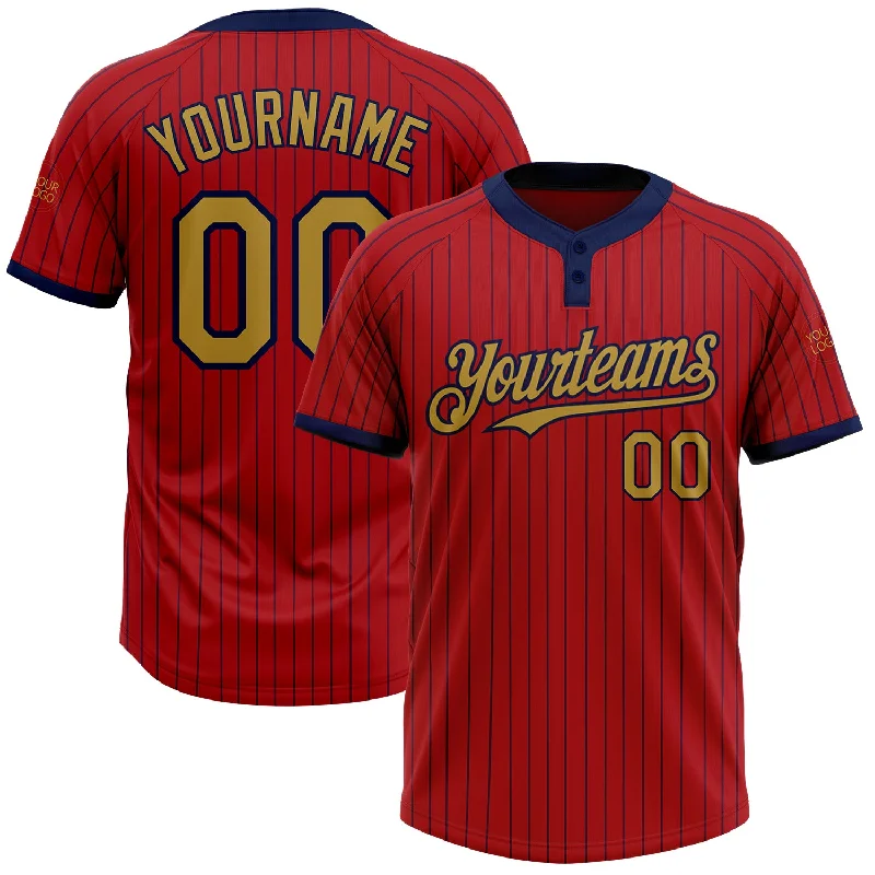 Personalized softball jersey for school teams and leagues-Custom Red Navy Pinstripe Old Gold Two-Button Unisex Softball Jersey