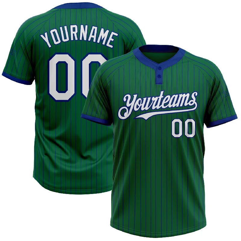 Softball jersey with durable, long-lasting material-Custom Kelly Green Royal Pinstripe White Two-Button Unisex Softball Jersey