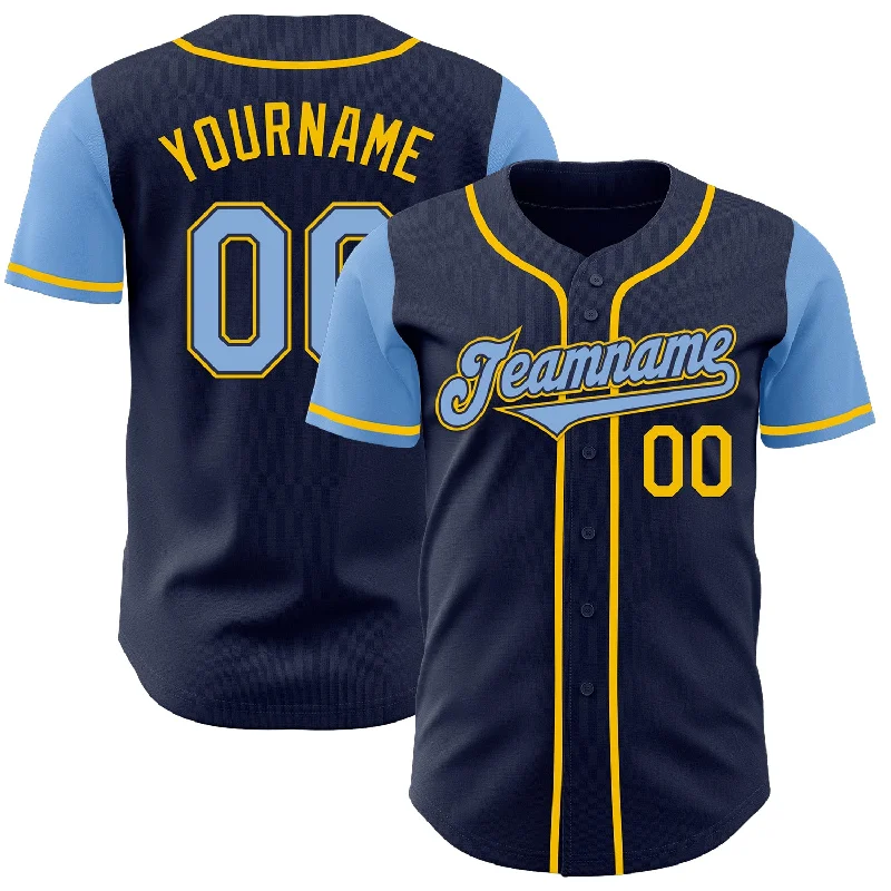 Team baseball jersey for school sports teams-Custom Navy Light Blue-Yellow Authentic Two Tone Baseball Jersey