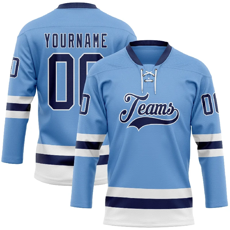 Hockey jersey with cooling technology for intense games-Custom Light Blue Navy-White Hockey Lace Neck Jersey