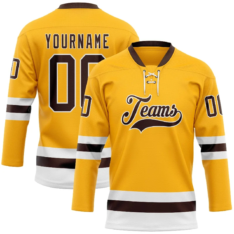 Hockey jersey with unique and eye-catching designs-Custom Gold Brown-White Hockey Lace Neck Jersey