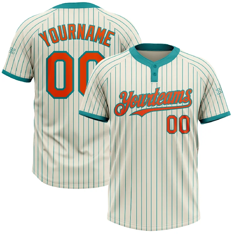 Softball jersey for team spirit and fan support-Custom Cream Teal Pinstripe Orange Two-Button Unisex Softball Jersey