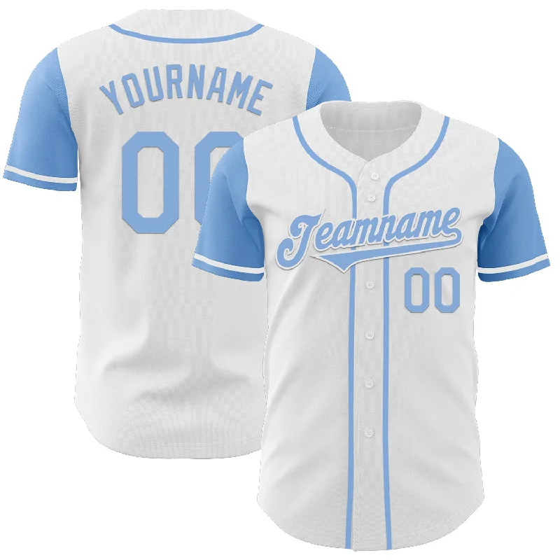 Baseball jersey for all team sizes and ages-Custom White Light Blue Authentic Two Tone Baseball Jersey