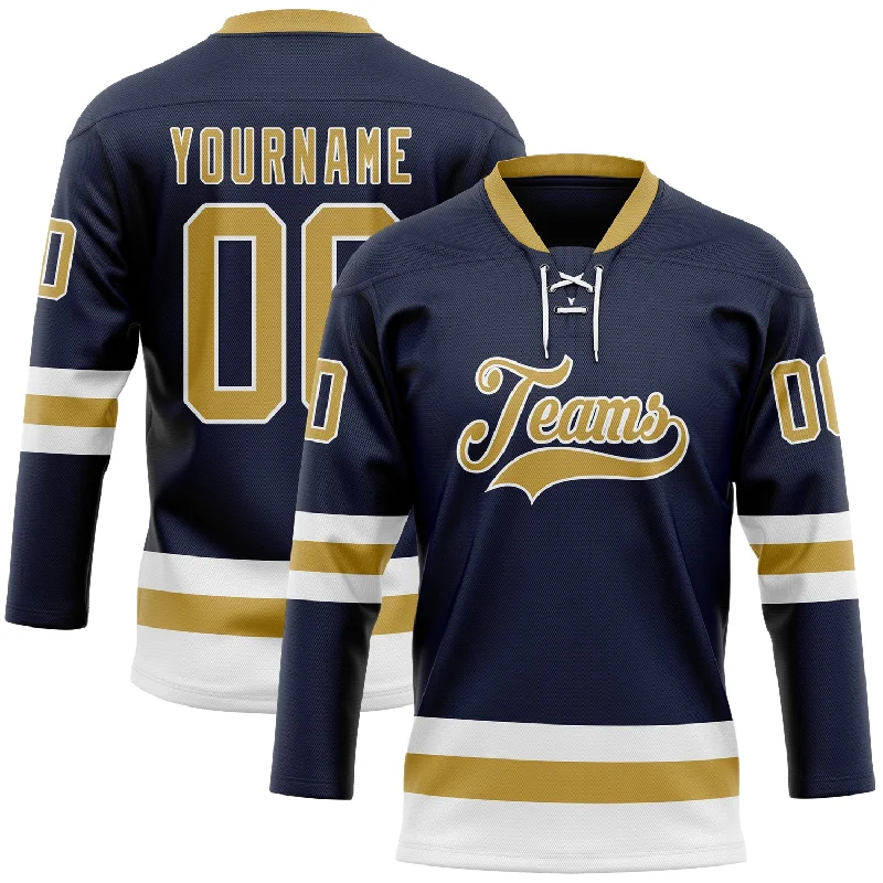 Personalized hockey jersey for charity events-Custom Navy Old Gold-White Hockey Lace Neck Jersey